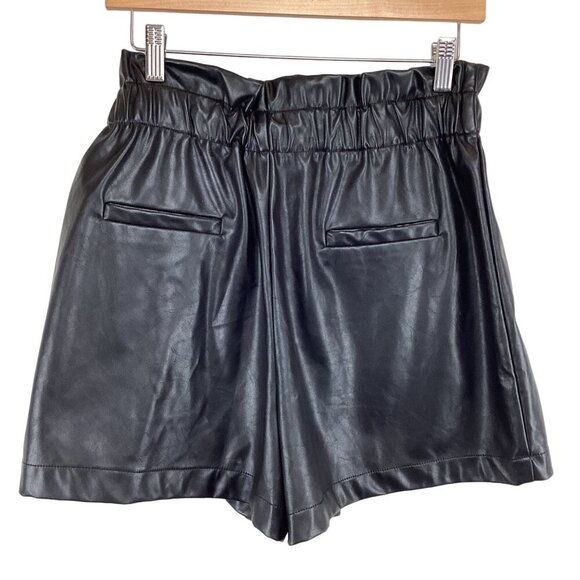 Line & Dot Black Faux Leather Wrap Shorts Medium High Rise Paperbag Stretch Wais - Picture 7 of 7